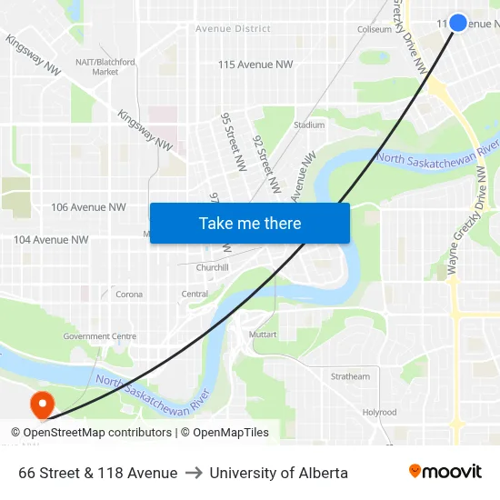 66 Street & 118 Avenue to University of Alberta map