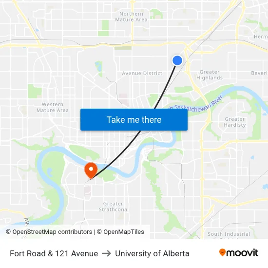 Fort Road & 121 Avenue to University of Alberta map