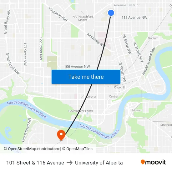 101 Street & 116 Avenue to University of Alberta map
