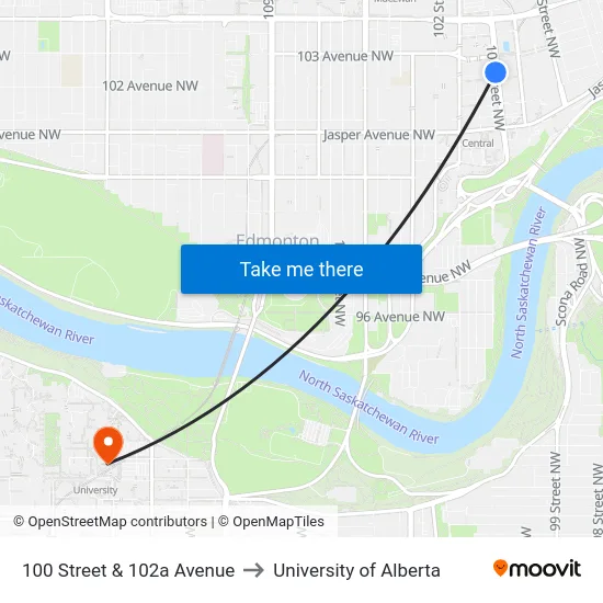 100 Street & 102a Avenue to University of Alberta map
