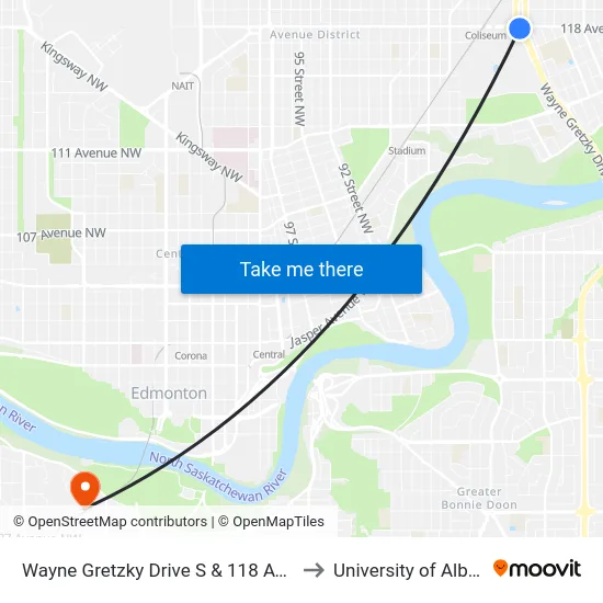 Wayne Gretzky Drive S & 118 Avenue to University of Alberta map