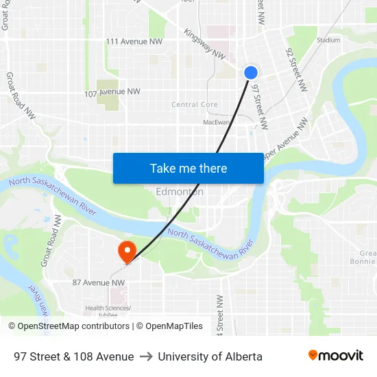 97 Street & 108 Avenue to University of Alberta map
