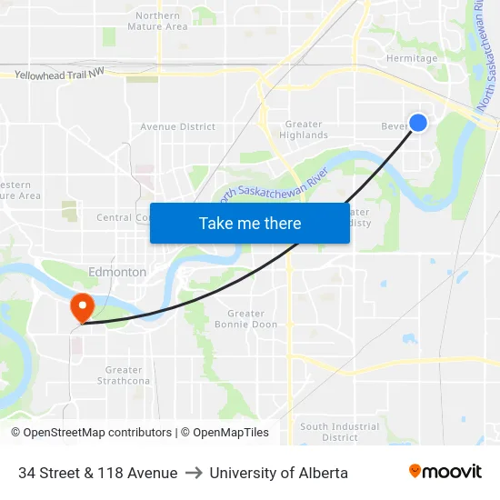 34 Street & 118 Avenue to University of Alberta map