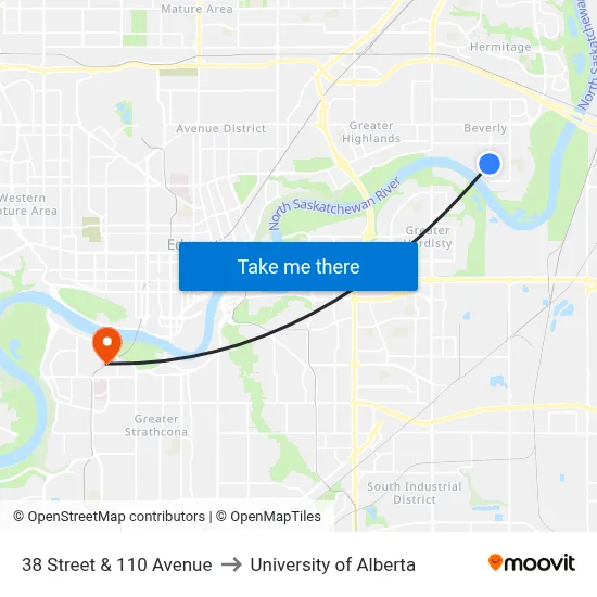 38 Street & 110 Avenue to University of Alberta map