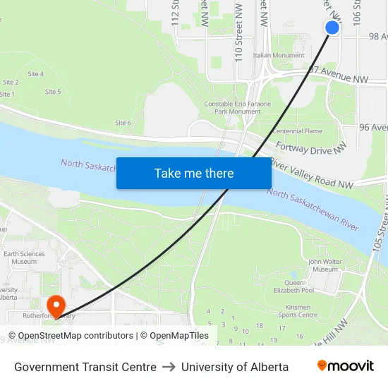 Government Transit Centre to University of Alberta map