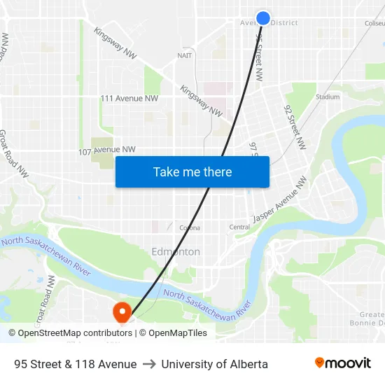 95 Street & 118 Avenue to University of Alberta map