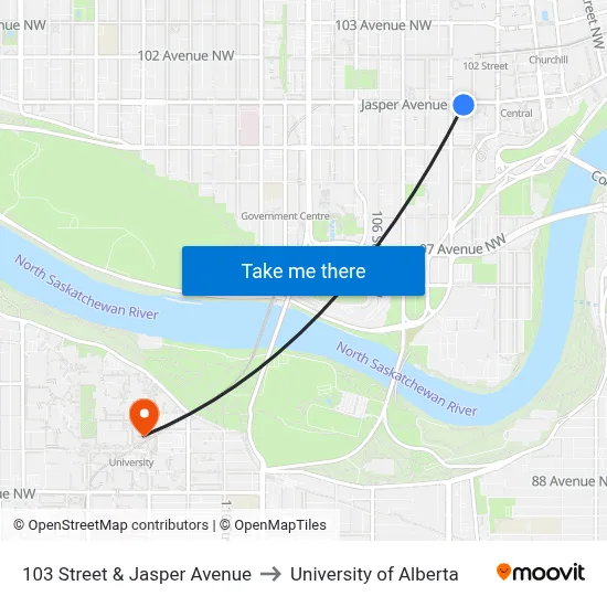 103 Street & Jasper Avenue to University of Alberta map