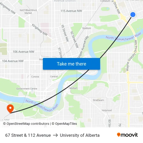 67 Street & 112 Avenue to University of Alberta map