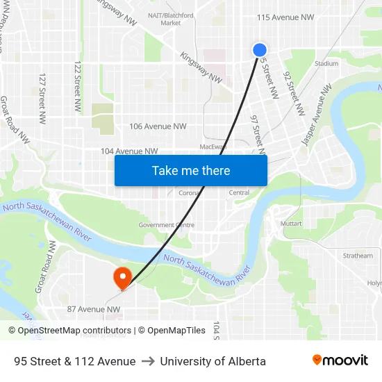 95 Street & 112 Avenue to University of Alberta map