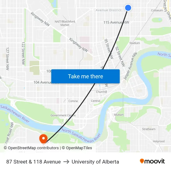 87 Street & 118 Avenue to University of Alberta map