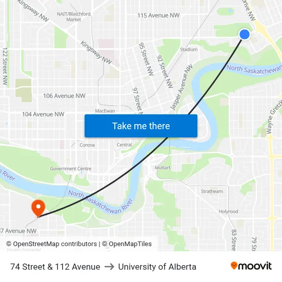 74 Street & 112 Avenue to University of Alberta map