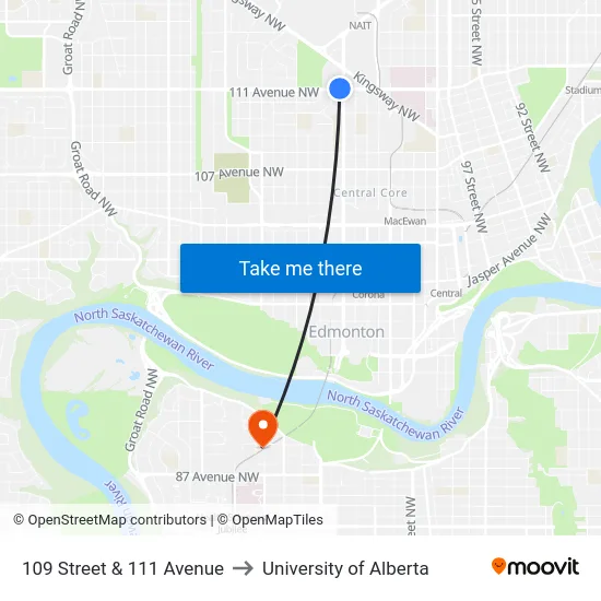 109 Street & 111 Avenue to University of Alberta map