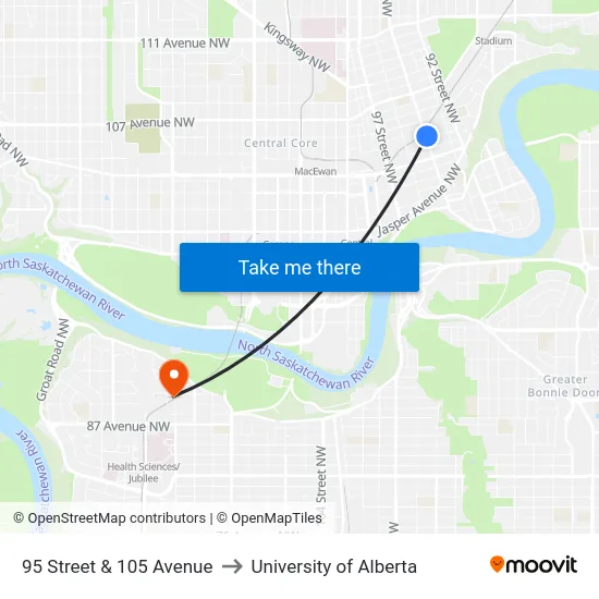 95 Street & 105 Avenue to University of Alberta map