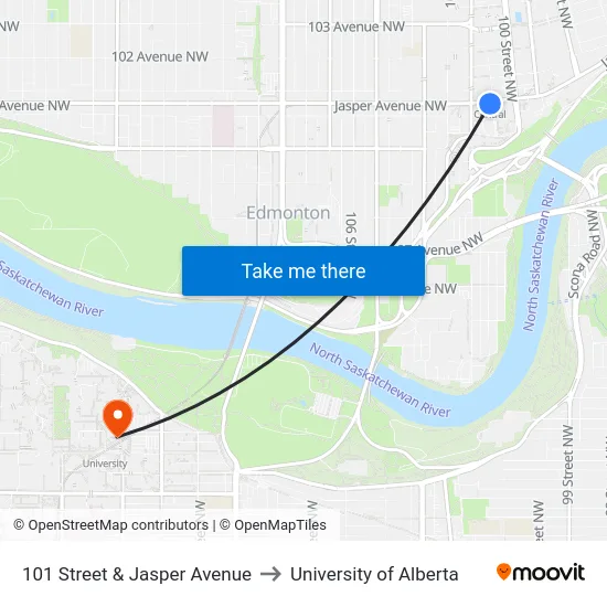 101 Street & Jasper Avenue to University of Alberta map