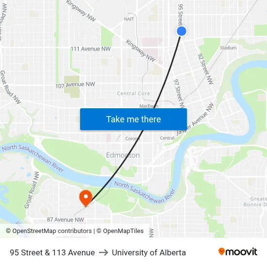95 Street & 113 Avenue to University of Alberta map