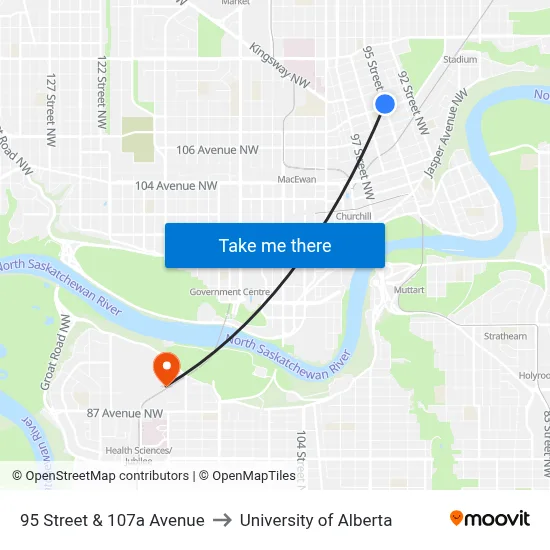 95 Street & 107a Avenue to University of Alberta map
