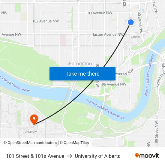 101 Street & 101a Avenue to University of Alberta map