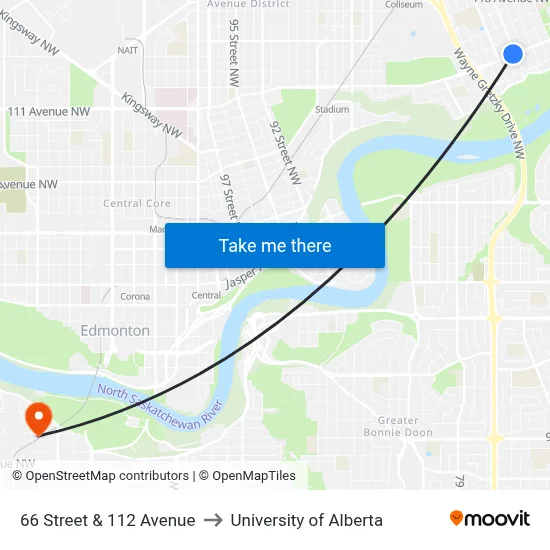 66 Street & 112 Avenue to University of Alberta map