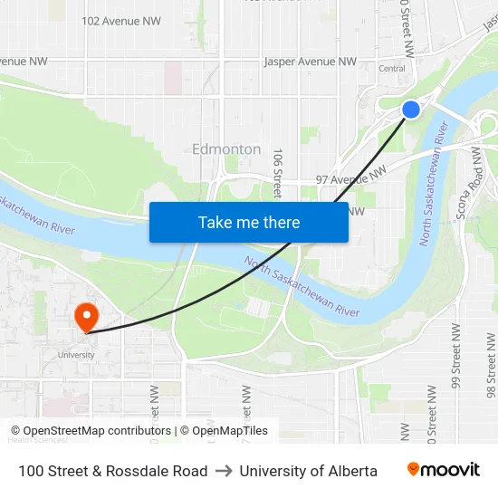 100 Street & Rossdale Road to University of Alberta map