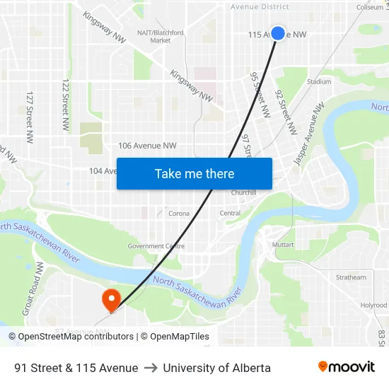 91 Street & 115 Avenue to University of Alberta map