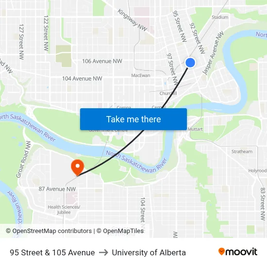 95 Street & 105 Avenue to University of Alberta map