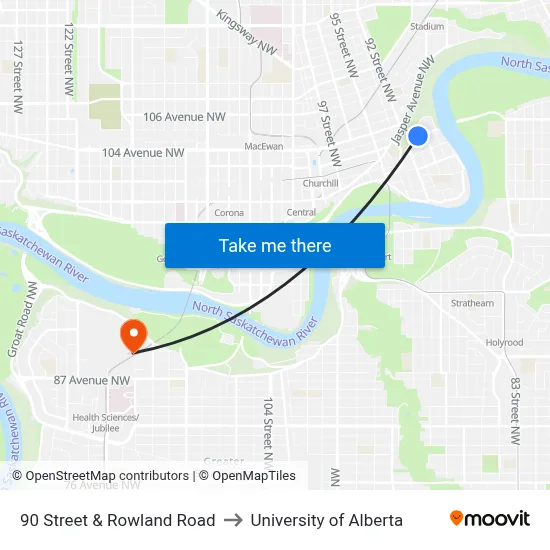 90 Street & Rowland Road to University of Alberta map