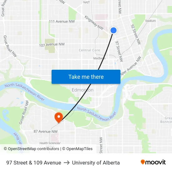 97 Street & 109 Avenue to University of Alberta map