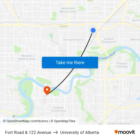 Fort Road & 122 Avenue to University of Alberta map