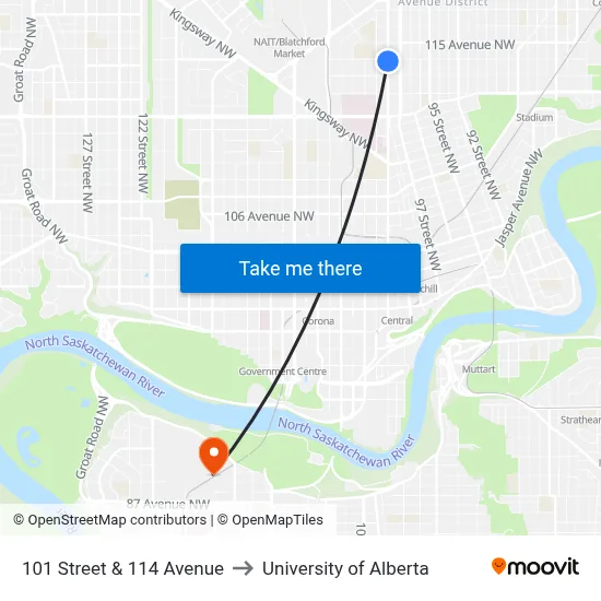 101 Street & 114 Avenue to University of Alberta map