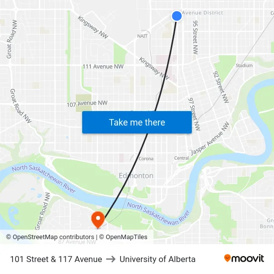 101 Street & 117 Avenue to University of Alberta map