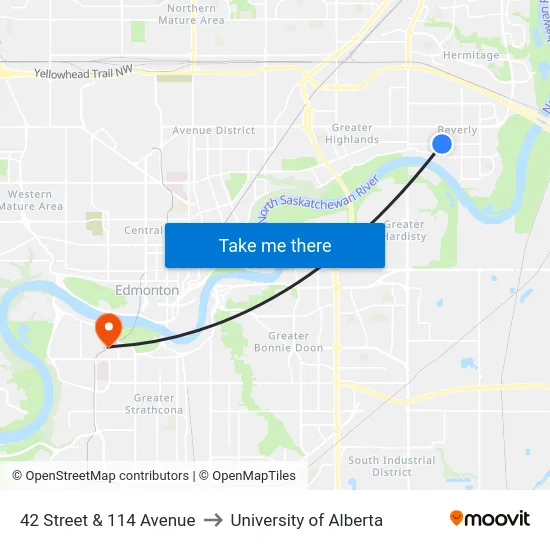 42 Street & 114 Avenue to University of Alberta map