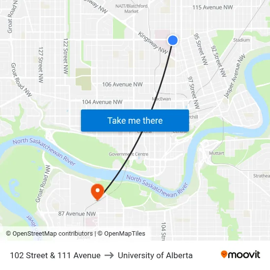 102 Street & 111 Avenue to University of Alberta map