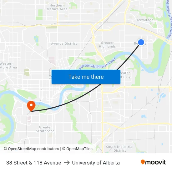 38 Street & 118 Avenue to University of Alberta map