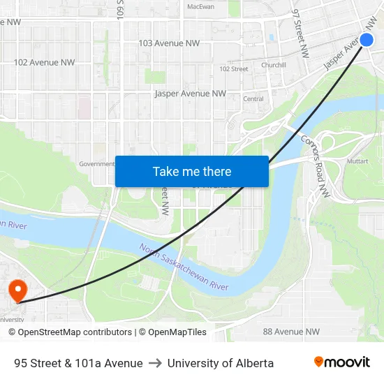 95 Street & 101a Avenue to University of Alberta map