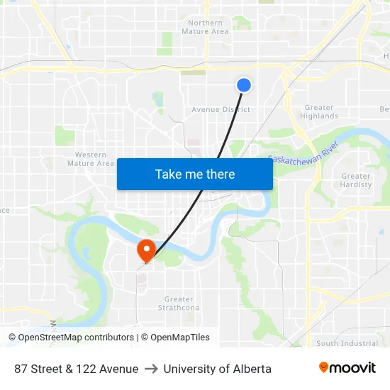 87 Street & 122 Avenue to University of Alberta map