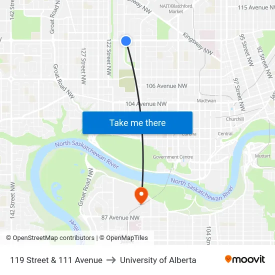 119 Street & 111 Avenue to University of Alberta map