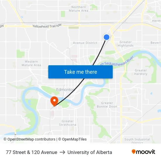 77 Street & 120 Avenue to University of Alberta map