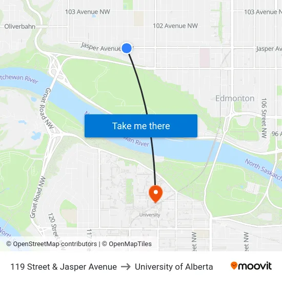 119 Street & Jasper Avenue to University of Alberta map