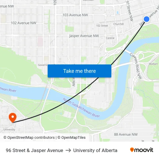 96 Street & Jasper Avenue to University of Alberta map