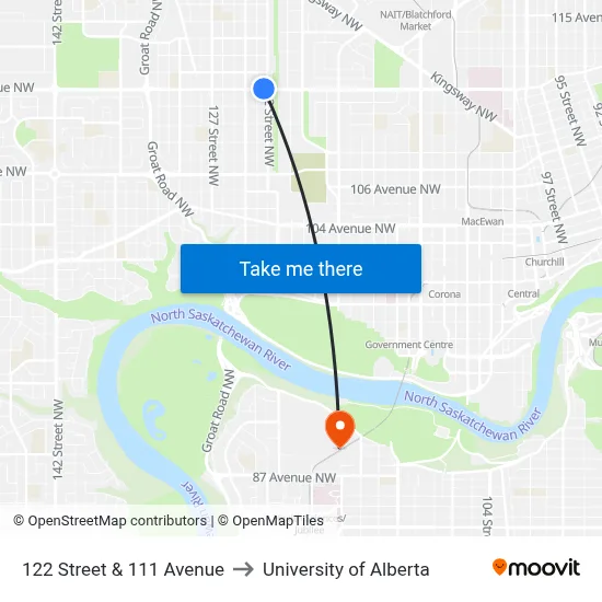 122 Street & 111 Avenue to University of Alberta map