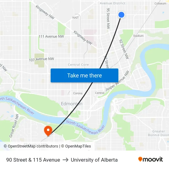 90 Street & 115 Avenue to University of Alberta map