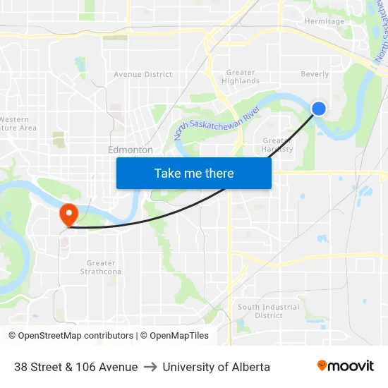 38 Street & 106 Avenue to University of Alberta map