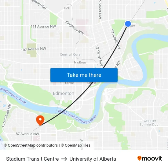 Stadium Transit Centre to University of Alberta map