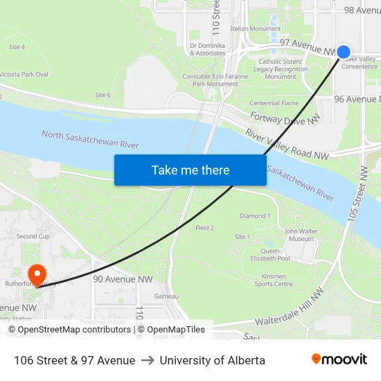 106 Street & 97 Avenue to University of Alberta map