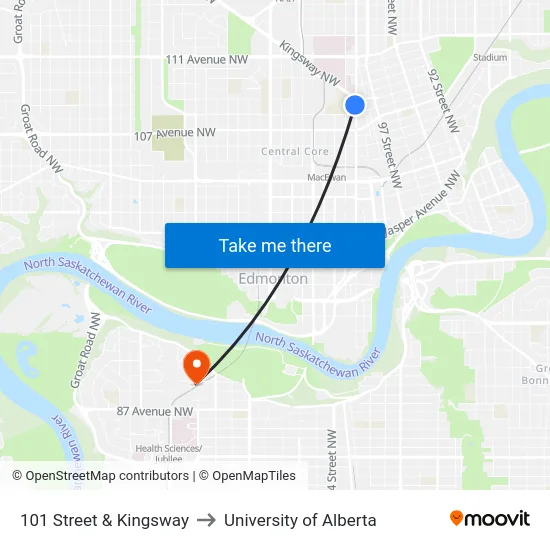 101 Street & Kingsway to University of Alberta map