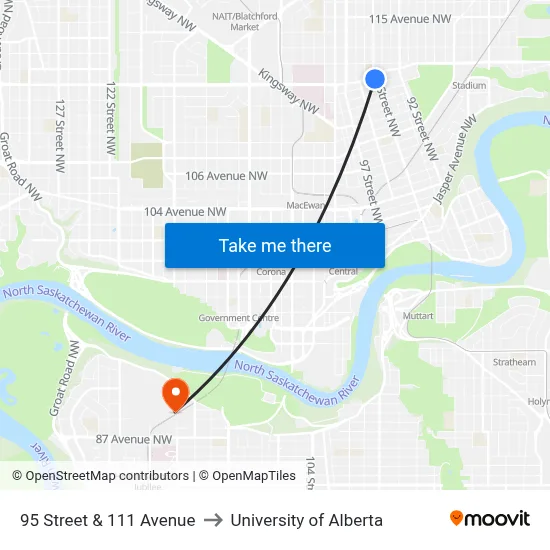 95 Street & 111 Avenue to University of Alberta map