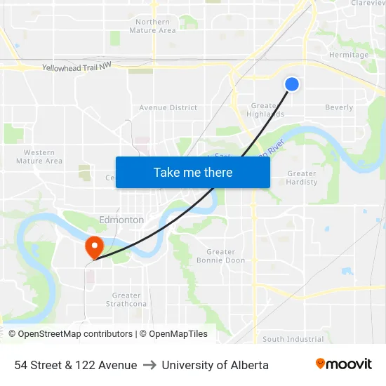54 Street & 122 Avenue to University of Alberta map