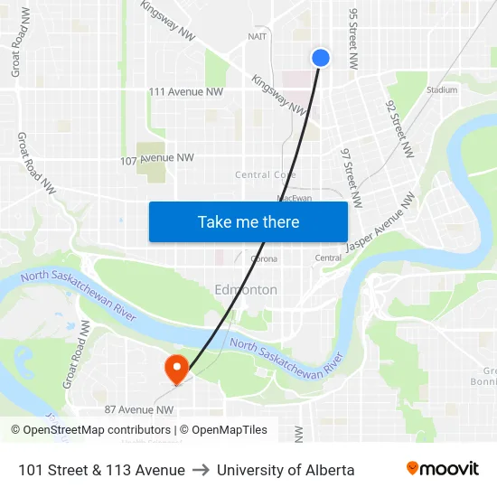 101 Street & 113 Avenue to University of Alberta map