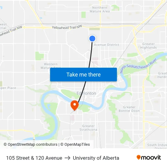 105 Street & 120 Avenue to University of Alberta map