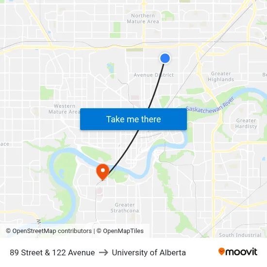 89 Street & 122 Avenue to University of Alberta map
